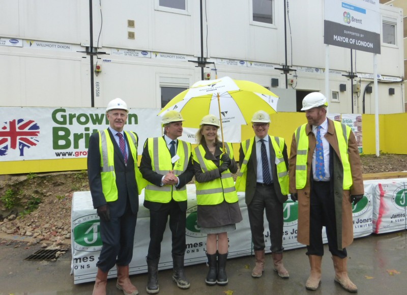 From left to right - Phil Thompson, Head of Development and Sustainability (Catalyst Housing), Dougal Driver, Chief Executive Officer (Grown in Britain), Elizabeth Truss (Secretary of State for Environment, Food and Rural Affairs), Charlie Scherer, Chief Operating Officer (Willmott Dixon Housing) and Sir Harry Studholme, Chairman (Forestry Commission),